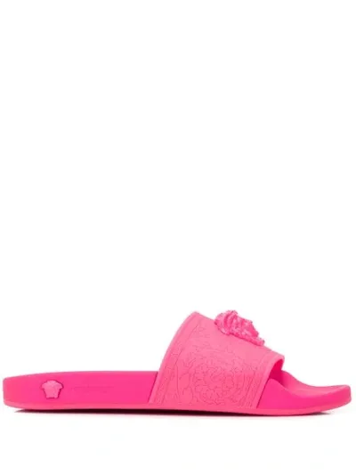 Versace Medusa Palazzo Slide Sandal In Rosa Fluo