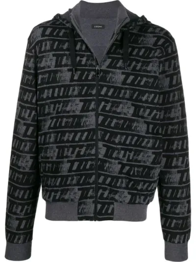 Z Zegna Logo Print Zipped Hoodie In Grey