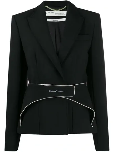 Off-white Racing-belt Padded-shoulder Woven Blazer In Black