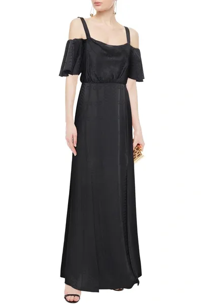 Temperley London Cold-shoulder Ruffled Satin-jacquard Gown In Black