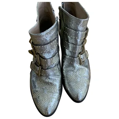 Pre-owned Chloé Susanna Leather Western Boots In Silver