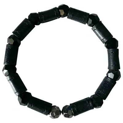 Pre-owned Swarovski Leather Bracelet In Black