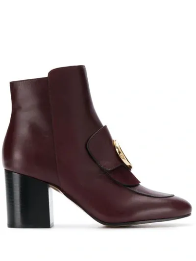 Chloé C Logo Plaque Ankle Boots In 56b Bordeaux