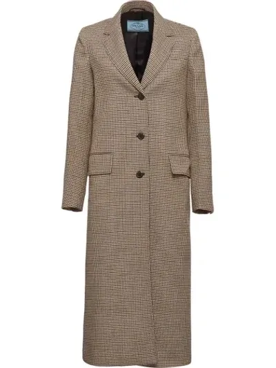 Prada Houndstooth Check Long Coat In F0040 Camel Brown