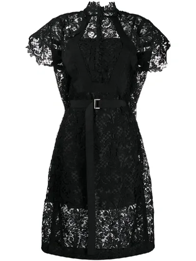 Sacai Lace Detail Midi Dress In Black