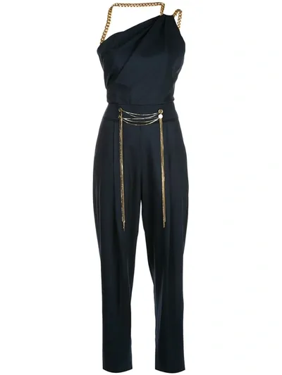 Oscar De La Renta Embellished One-shoulder Wool-blend Twill Jumpsuit In Navy