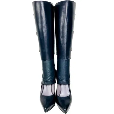 Pre-owned Versace Leather Boots In Navy