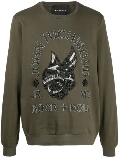 John Richmond Solitude Beaded Skull Sweatshirt In Green