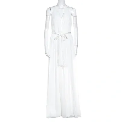 Pre-owned Alice And Olivia White Plisse Plunge Neck Naomi Goddess Gown S