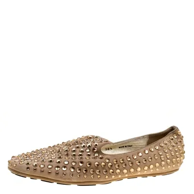 Pre-owned Jimmy Choo Beige Suede Wheel Crystal Studded Smoking Slippers Size 38.5