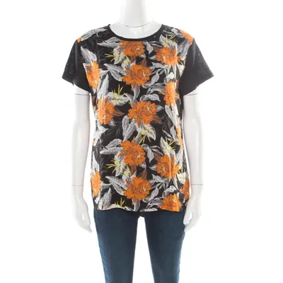 Pre-owned Proenza Schouler Black Slub Jersey Contrast Floral Print T-shirt S