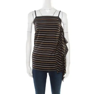 Pre-owned Chloé Noir Striped Silk Asymmetric Draped Detail Lurex Strap Top S In Black