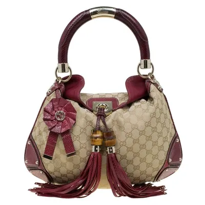 Pre-owned Gucci Beige/red Gg Canvas And Python Medium Indy Top Handle Bag