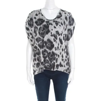 Pre-owned Stella Mccartney Grey Peony Animal Print Silk Pleated Sleeve Boxy Blouse M