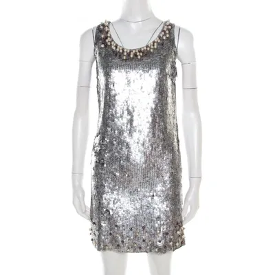 Pre-owned Red Valentino Silver Sequined Pearl Embellished Sleeveless Mini Shift Dress S