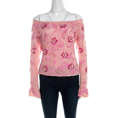 Pre-owned Escada Pink Tulle Overlay Floral Embellished Off Shoulder Blouse L