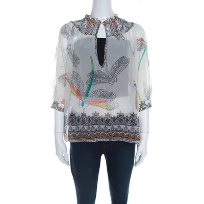 Pre-owned Matthew Williamson Off White Dragonfly Printed Silk Chiffon Sheer Blouse M