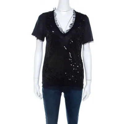 Pre-owned Red Valentino Black Knit Sequined Lace Trim V Neck Top S