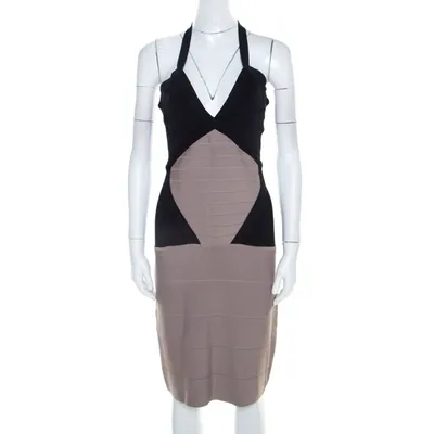 Pre-owned Herve Leger Colorblock Knit Halter Neck Bandage Dress S In Beige