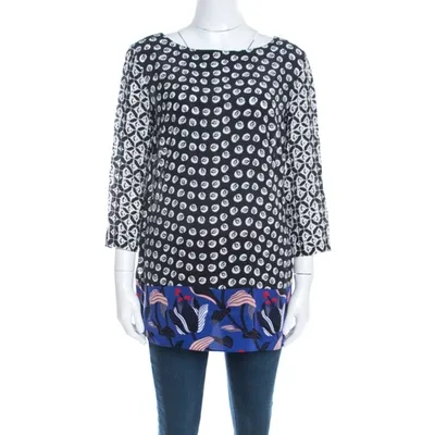 Pre-owned Escada Black Rose Motif Print Silk Contrast Panel Narayanin Tunic Blouse M