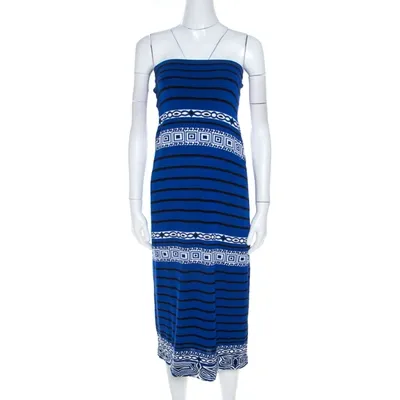 Pre-owned Emilio Pucci Blue Knit Aztec Pattern Strapless Dress S