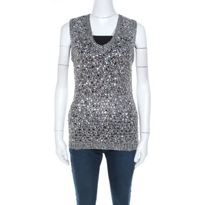 Pre-owned Zac Posen Grey Sequin Paillette Embellished Knit Vest L In Silver