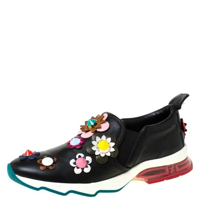 Pre-owned Fendi Black Leather Flowerland Ffast Slip On Sneakers Size 40 In Multicolor