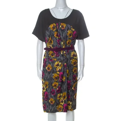 Pre-owned Kenzo Grey Floral Brushstroke Print Stretch Cotton Belted Dress M