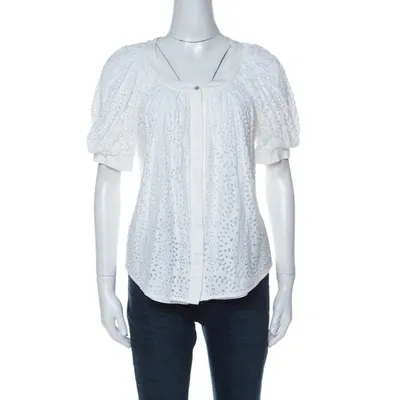 Pre-owned Valentino White Cotton Tattered Effect Puffed Sleeve Top S