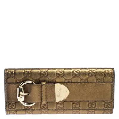 Pre-owned Gucci Ssima Leather Buckle Continental Wallet In Gold