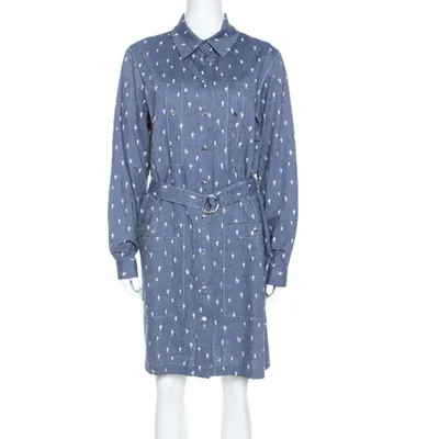 Pre-owned Kenzo Blue Denim Cactus Print Belted Shirt Dress L