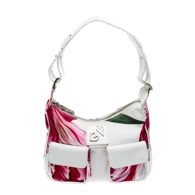 Pre-owned Gianfranco Ferre White/pink Floral Print Canvas And Leather Pocket Shoulder Bag