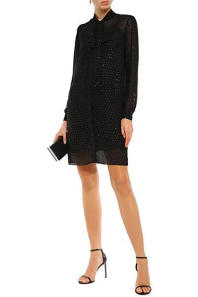 Michael Michael Kors Pussy-bow Layered Crystal-embellished Georgette Mini Dress In Black