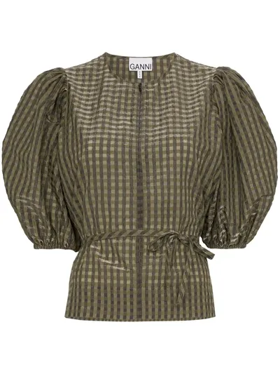 Ganni Checked Tie-waist Blouse In Green