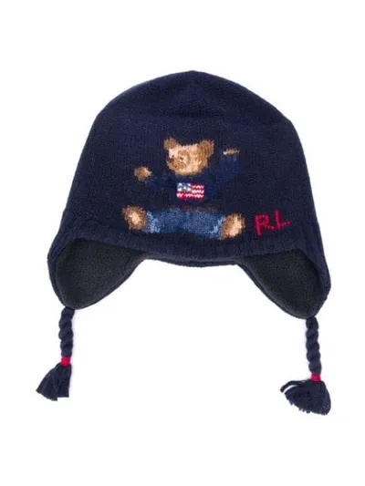 Ralph Lauren Babies' Knitted Bear Earflap Beanie In Blue