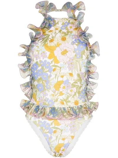 Zimmermann Super Eight Ruffled Scalloped Floral-print Swimsuit In Blue