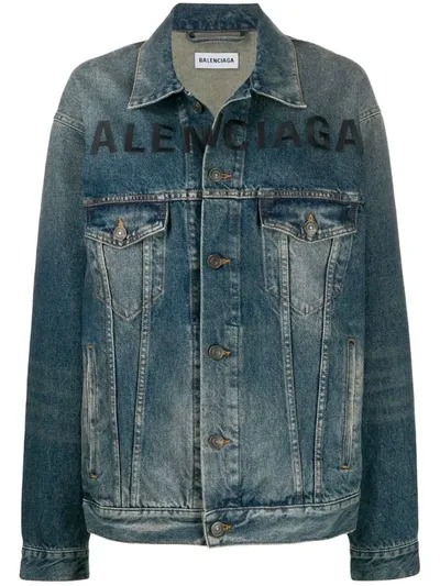 Balenciaga Embroidered Logo Denim Jacket In Blue