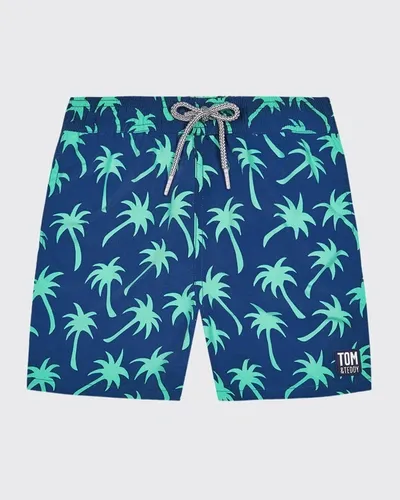 Tom & Teddy Boys' Palm Tree Swim Trunks - Little Kid, Big Kid In Navy /green