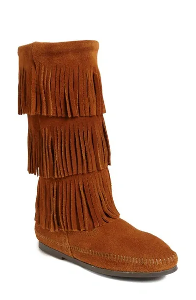 Minnetonka 3-layer Fringe Boot In Camel