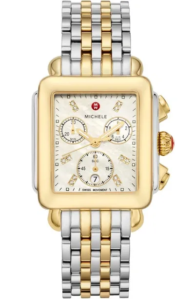 Michele Deco Diamond Chronograph Watch Head & Bracelet, 33mm In Yellow Gold