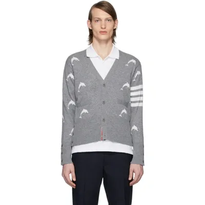 Thom Browne Dolphin V-neck Cardigan In 055 Ltgrey