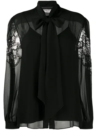 Givenchy Pussy-bow Cotton-blend Lace And Silk Crepe De Chine Blouse In Black