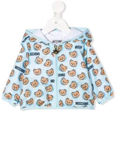 Moschino Babies' Hooded Teddy Print Jacket In Blue