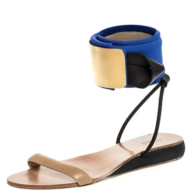 Pre-owned Chloé Blue/beige Leather And Nylon Ankle Cuff Flat Sandals Size 38