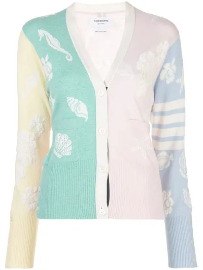 Thom Browne Cashmere Jacquard Sea Motifs Cardigan In Green