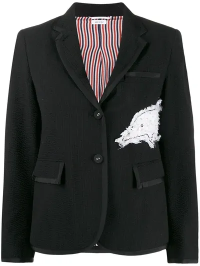 Thom Browne Embroidered Dolphin Textured Blazer In Black