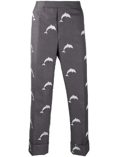 Thom Browne Dolphin Embroidered Backstrap Trousers In Grey