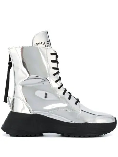 Philosophy Di Lorenzo Serafini Mirror Faux Leather Combat Boots In Silver