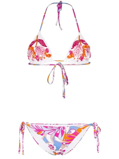 Emilio Pucci Sequinned Floral-print Triangle Bikini In Pink