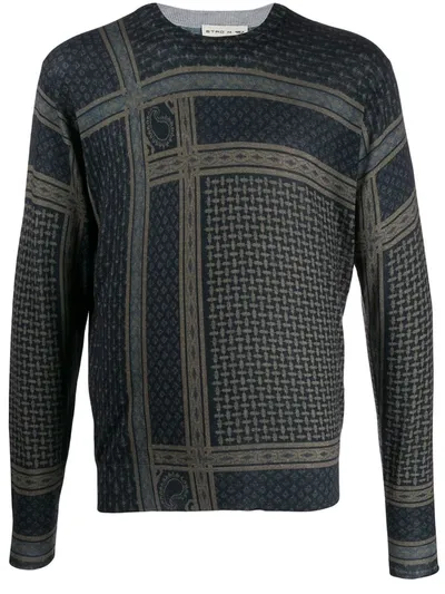 Etro Pattern-mix Crew-neck Jumper In Blue